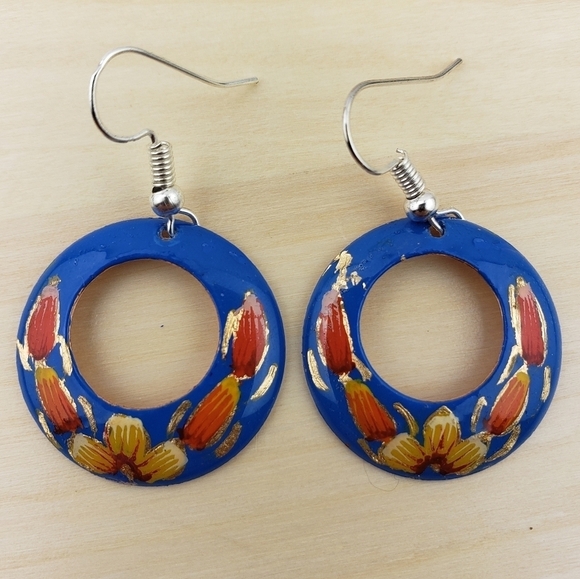 HANDMADE Dangle Earrings Copper Handpainted Blue Mexican Floral Earrings - Picture 6 of 6
